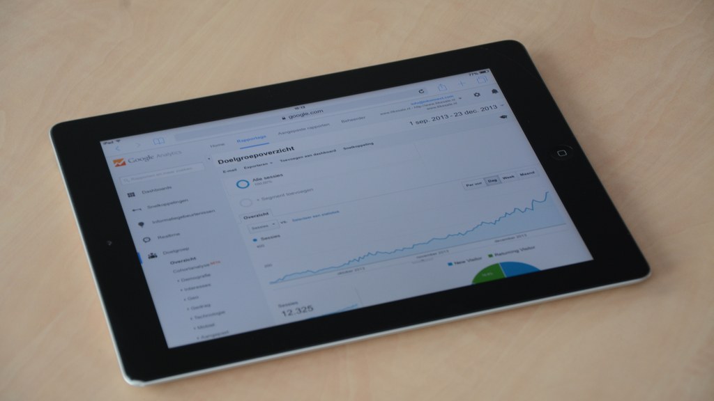 A digital tablet showing a web analytics dashboard with graphs and charts.