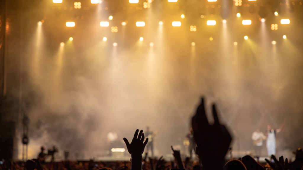 Energetic night concert with a lively crowd enjoying a vibrant live performance under bright stage lights.