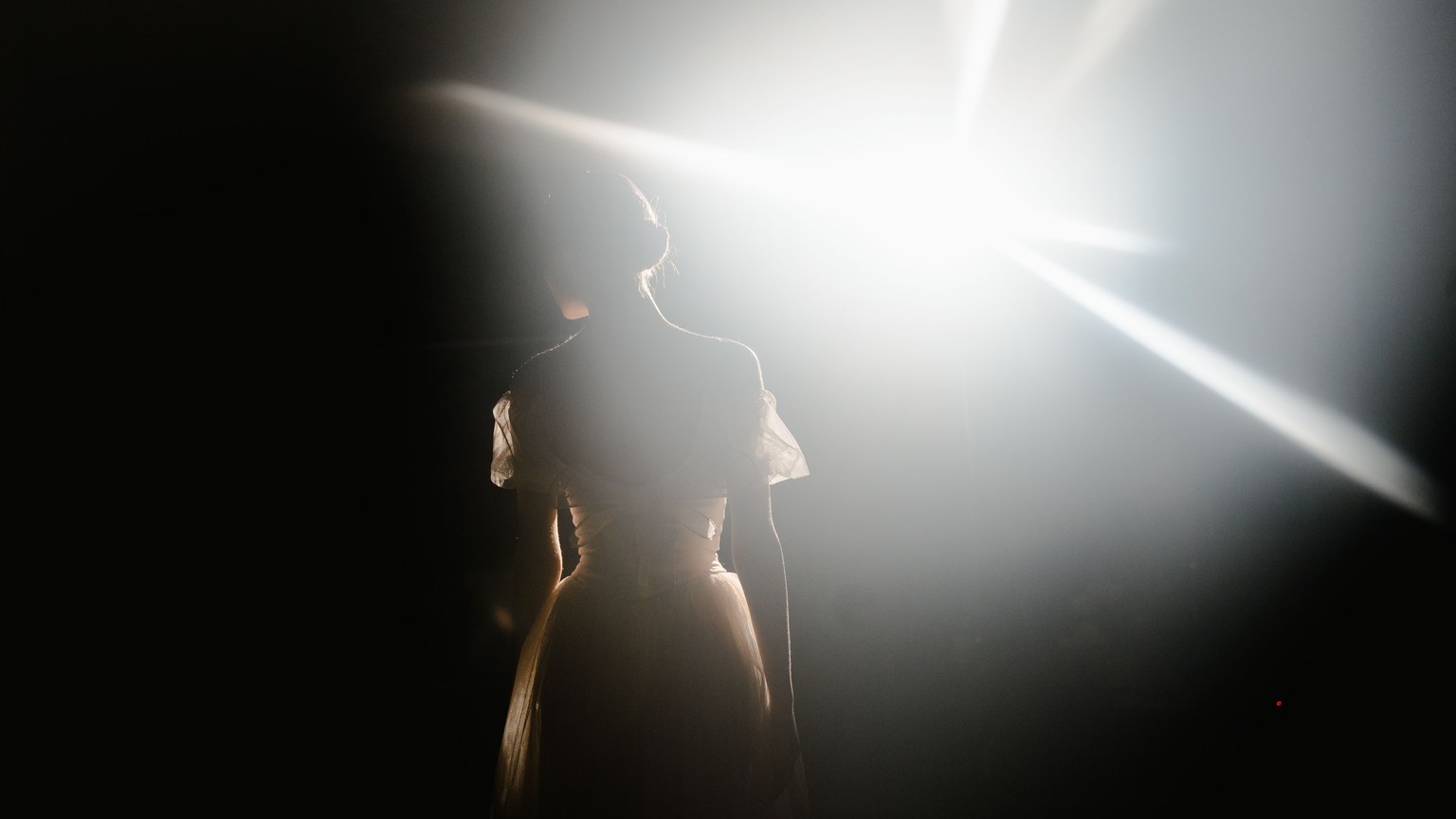 A graceful ballerina stands in silhouette under a dramatic, bright spotlight.