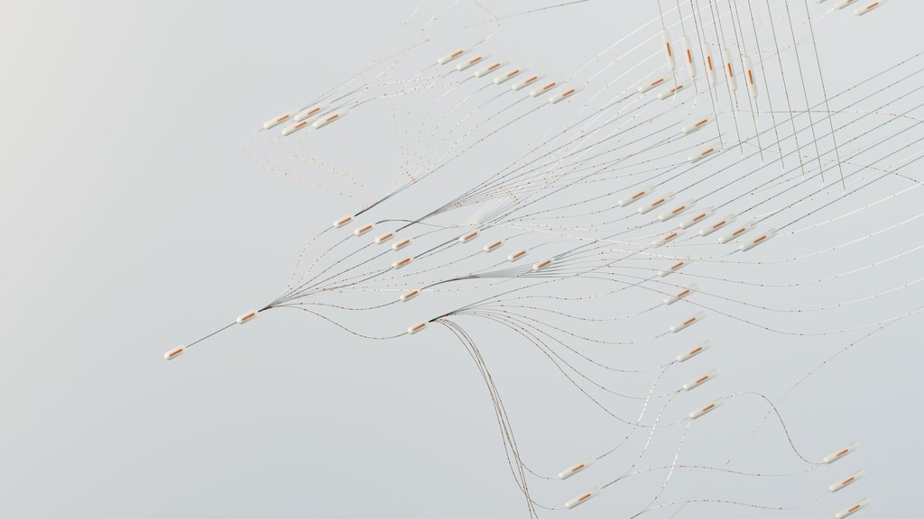 Abstract illustration depicting complex digital neural networks and data flow.