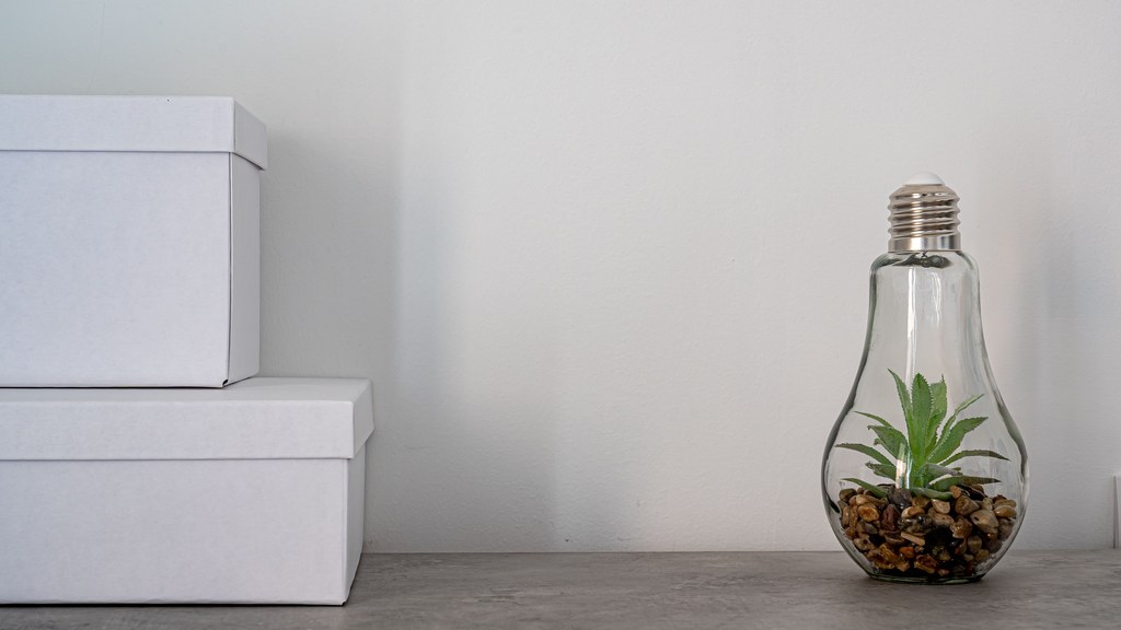 Clean minimalist desk scene with white boxes and lightbulb terrarium for modern decor.