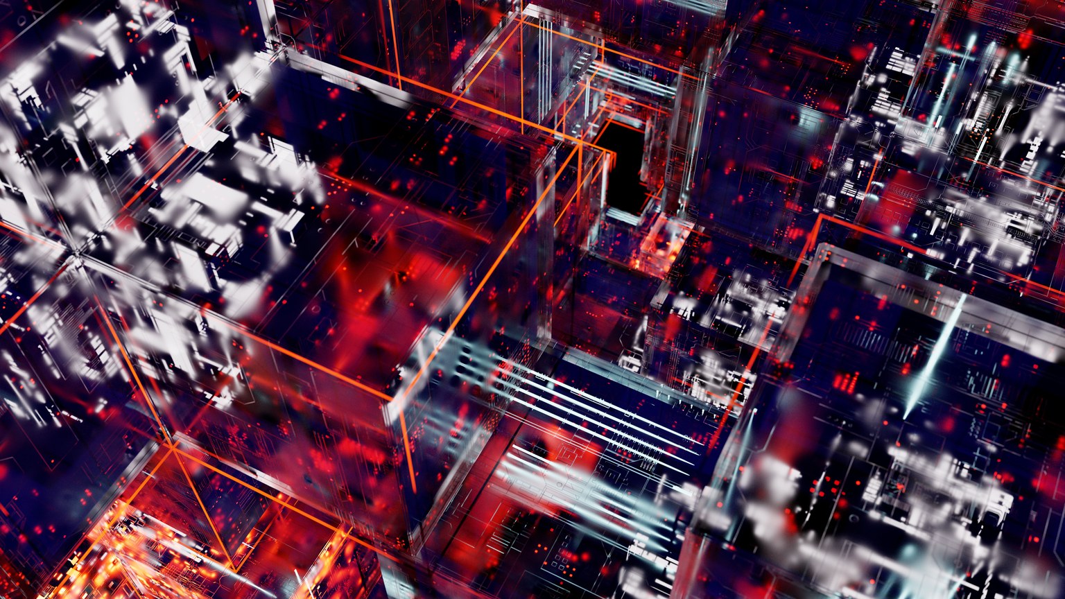 Dynamic abstract depiction of digital circuits with vivid lights and glowing lines.