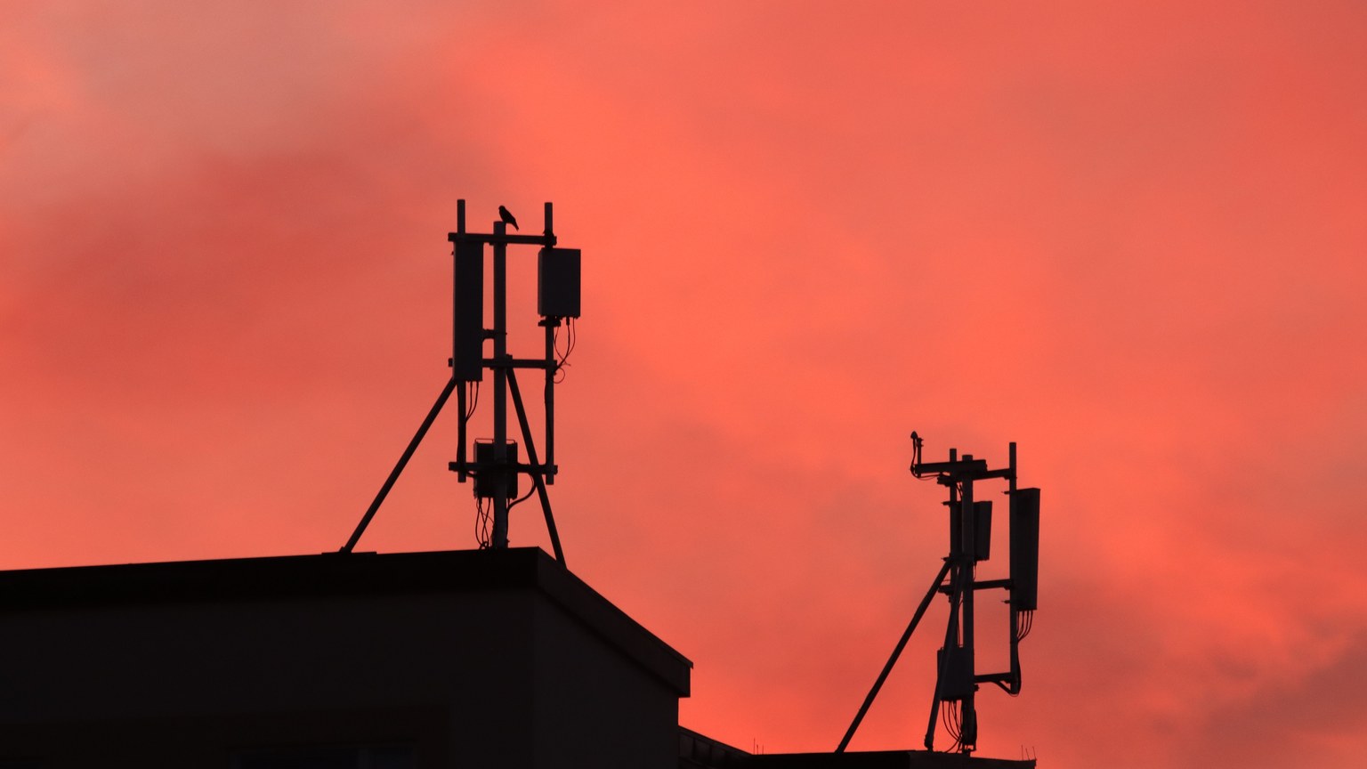 Silhouetted antennas on building roof against an orange sunset sky creating a striking scene.