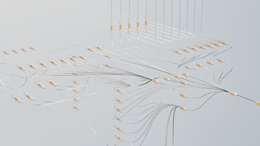 Elegant 3D visualization of neural networks showcasing abstract connections in a digital space.
