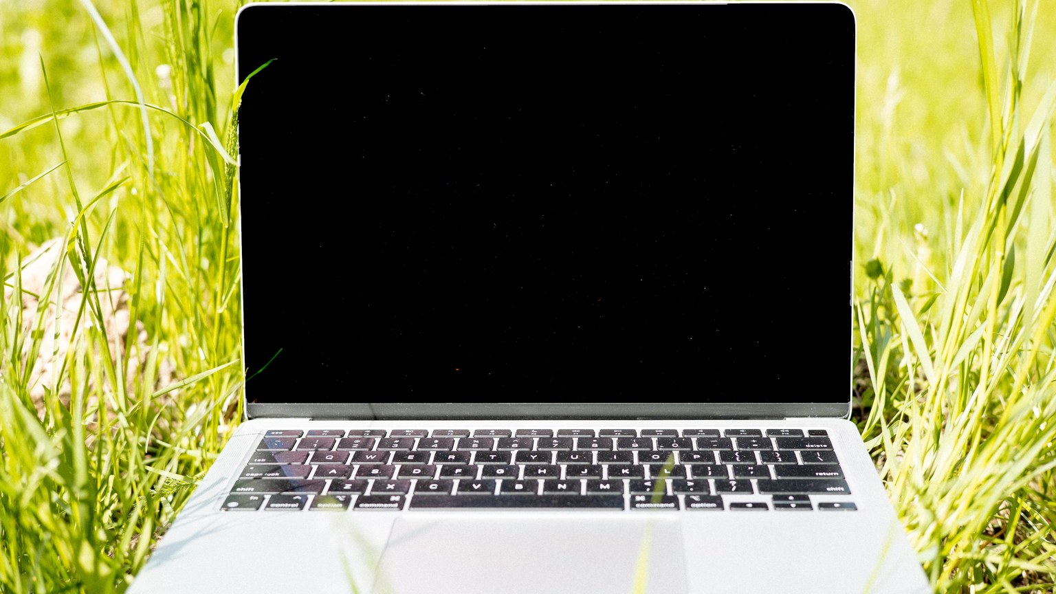 Laptop on green grass in sunlight. Ideal for remote work and technology themes.