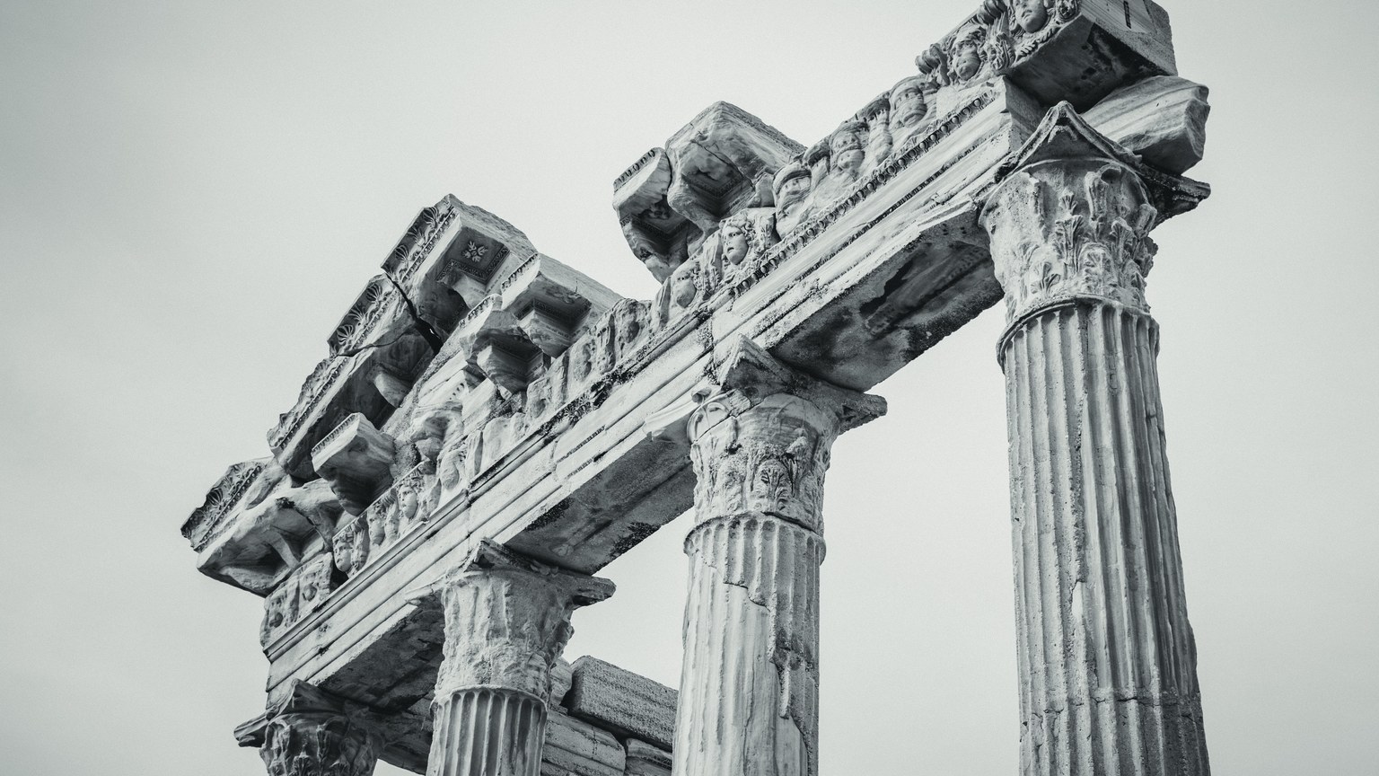 Monochrome image of ancient Roman columns showcasing classical architecture and intricate details.