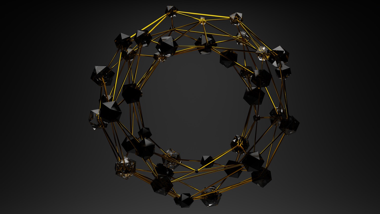 3D abstract geometric structure with gold lines and black polygons on a dark background.