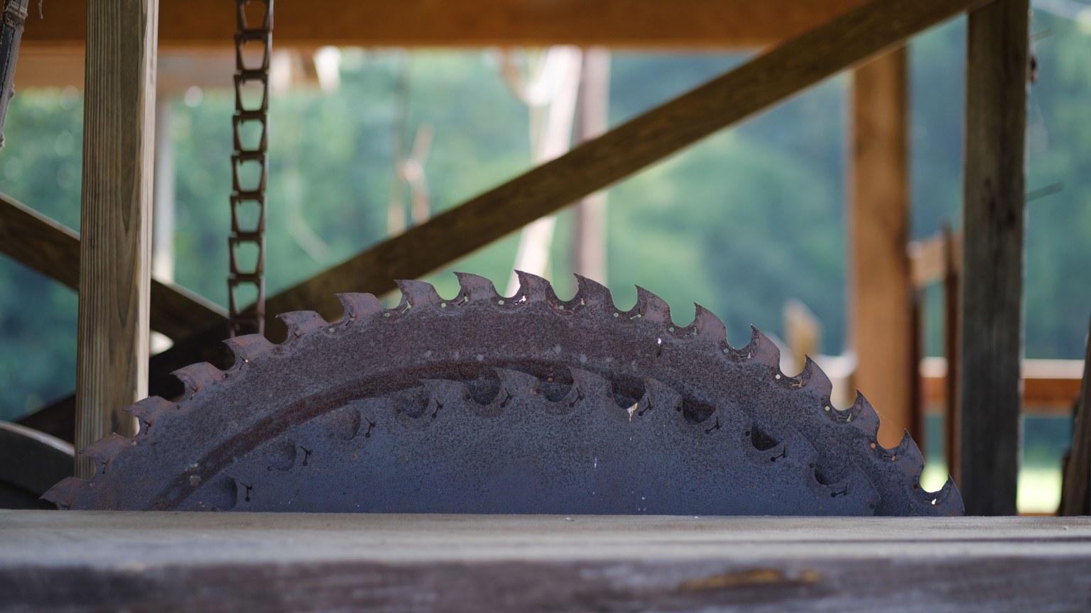 Close-up of a large circular saw blade in a rustic outdoor woodworking workshop.
