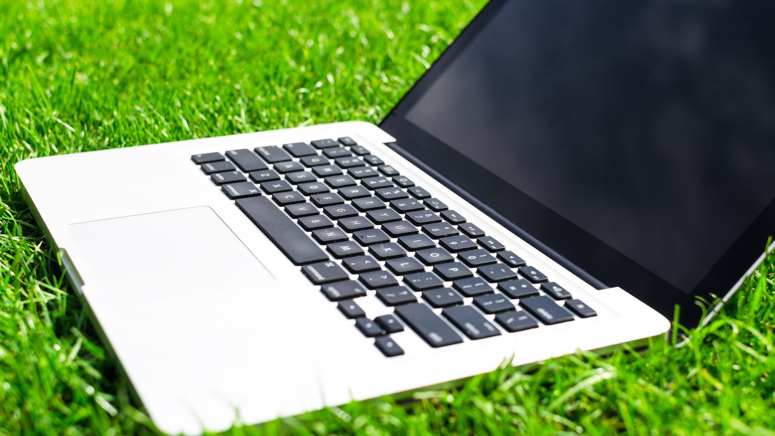 A modern open laptop with a black screen placed on lush green grass, symbolizing technology and nature.