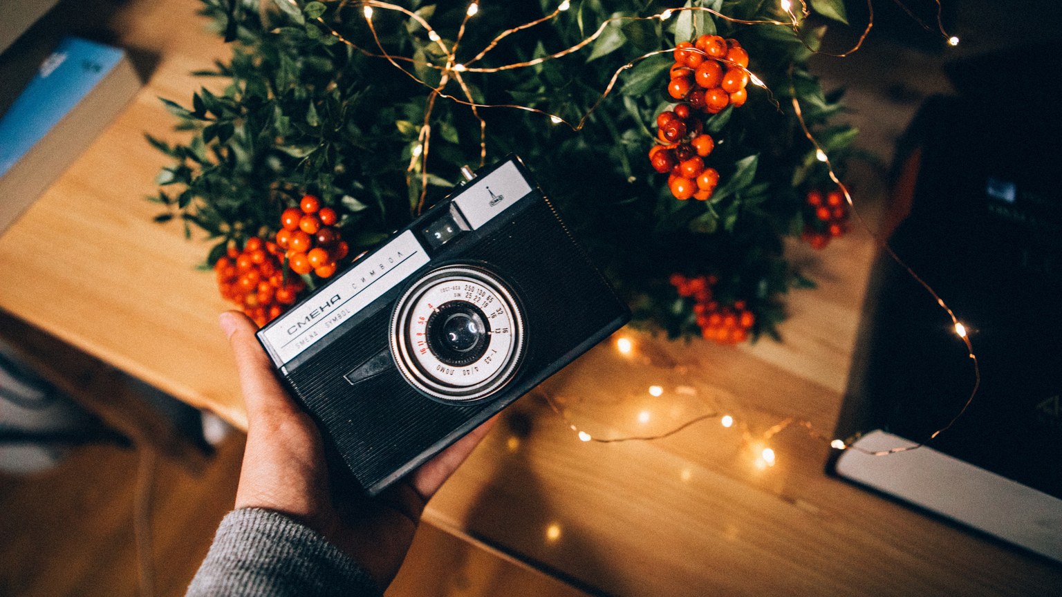 Vintage analog camera held over a wooden table with green leaves and orange berries.