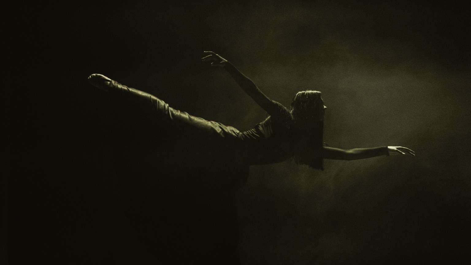Silhouette of a dancer with arms extended in a dramatic studio setting.