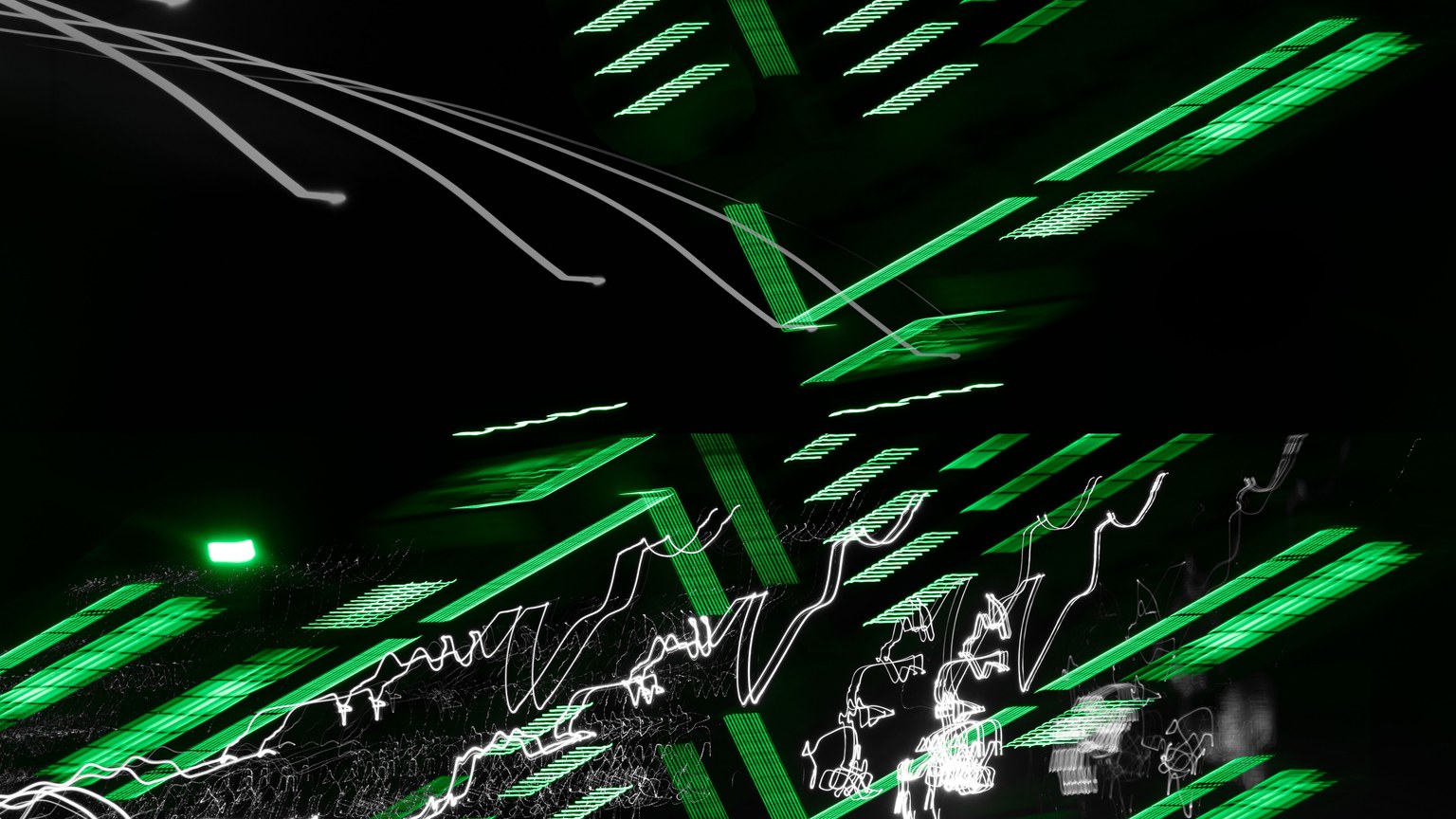 Dynamic abstract patterns of green and white light streaks against a dark background.