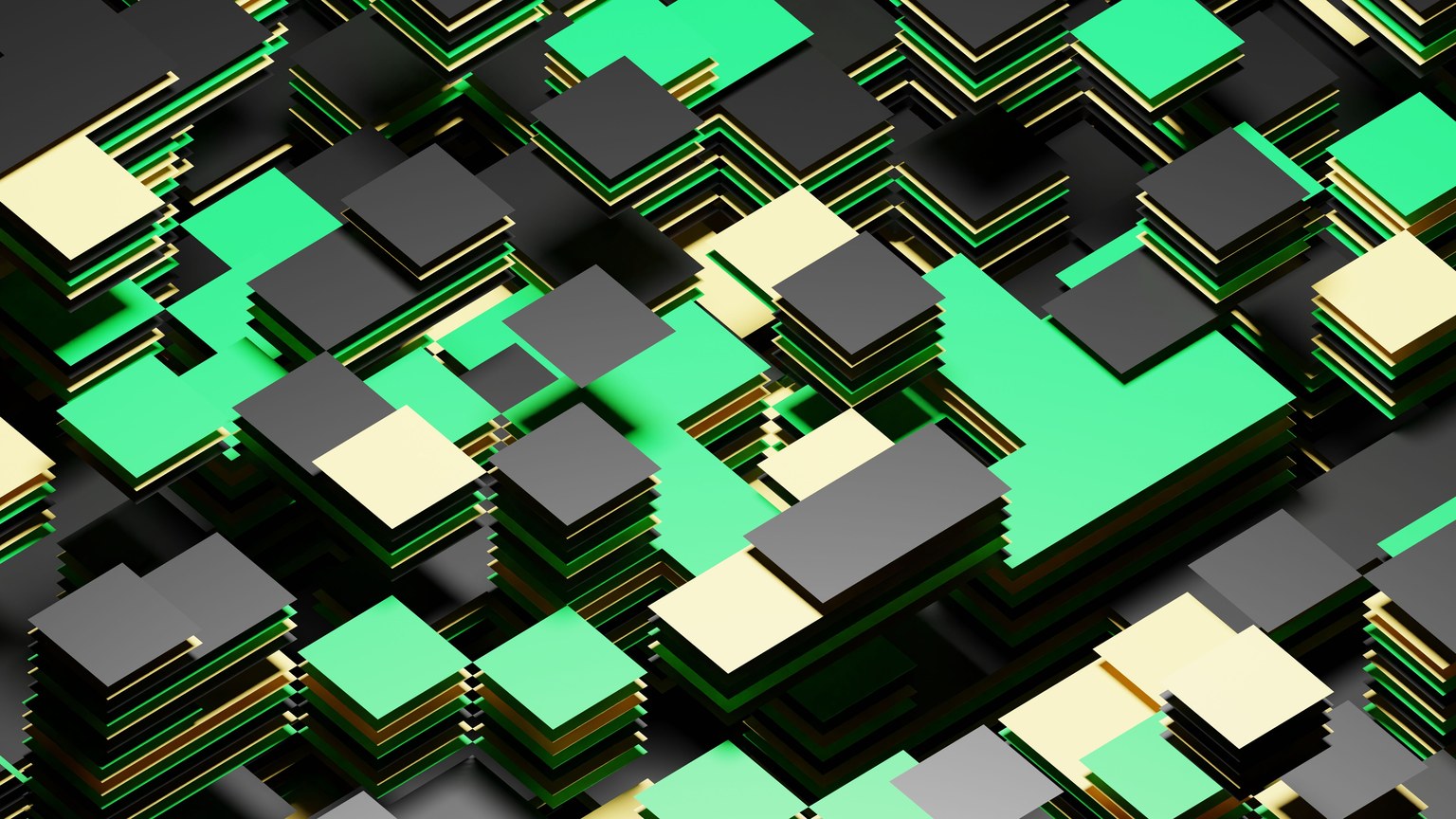 Modern 3D geometric pattern in green, black, and beige colors creating an abstract design.