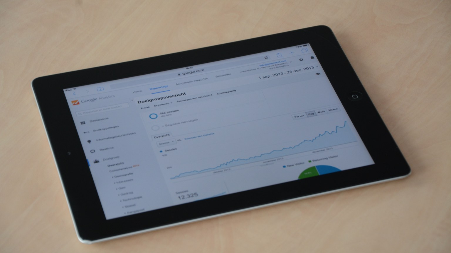 A digital tablet showing a web analytics dashboard with graphs and charts.