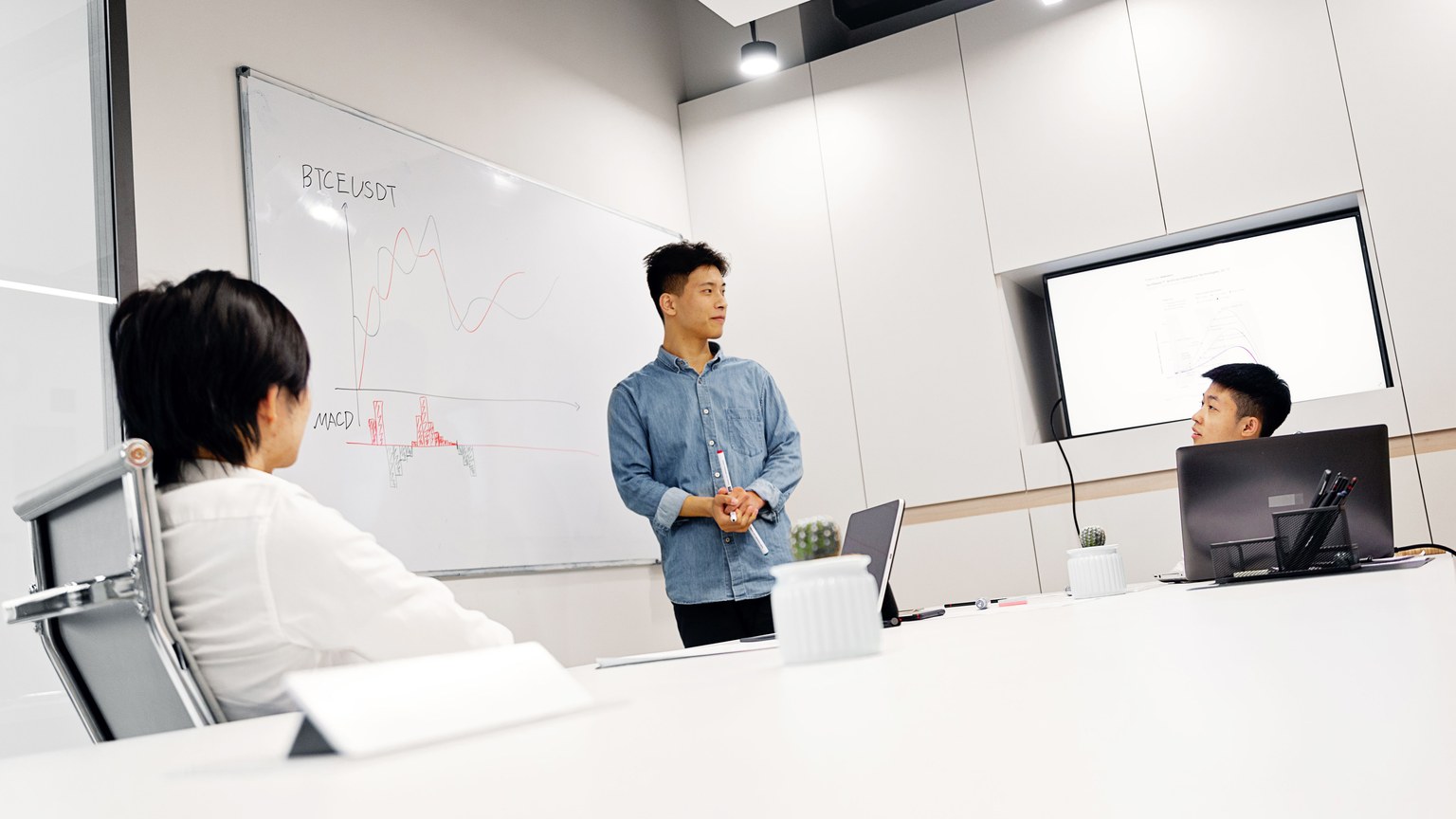 Professional business meeting with presentation and data analytics on whiteboard.
