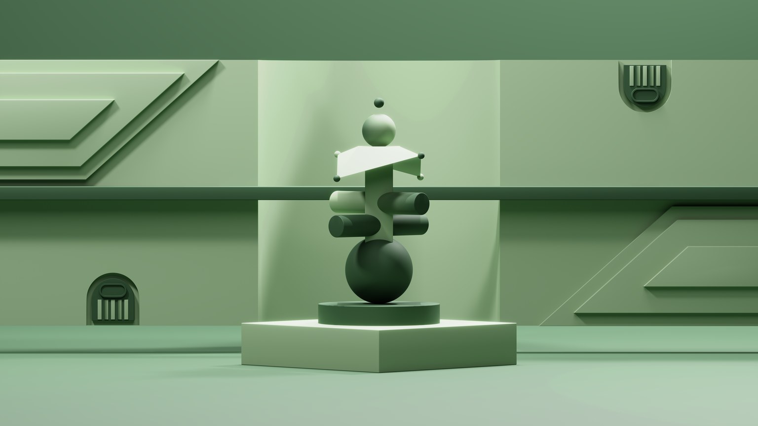 Green geometric sculpture in minimalist art gallery with interesting wall designs.