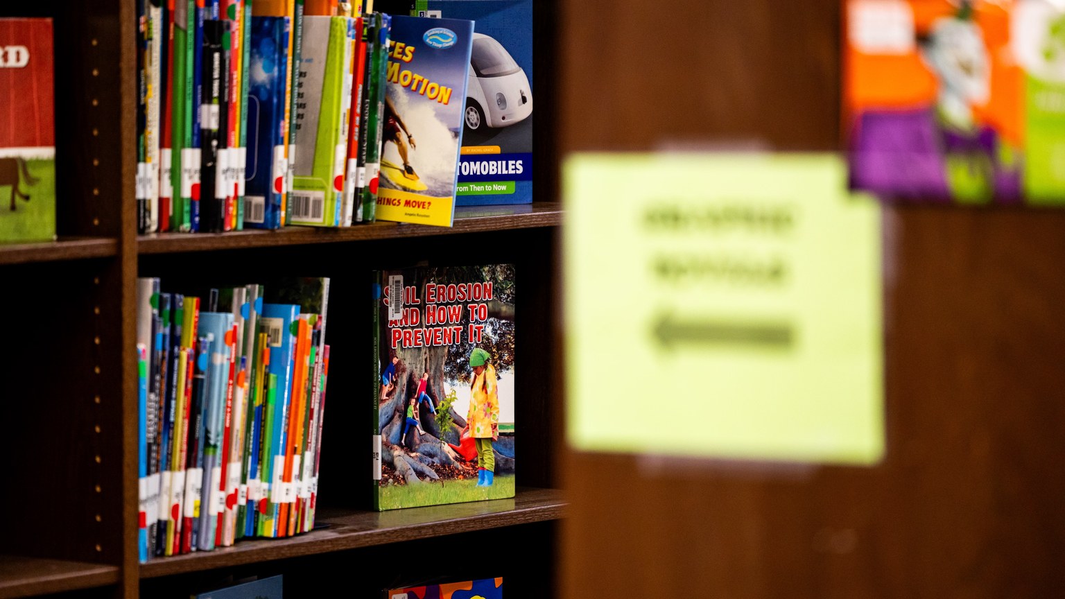 A library shelf filled with colorful children's books, focused on educational topics.