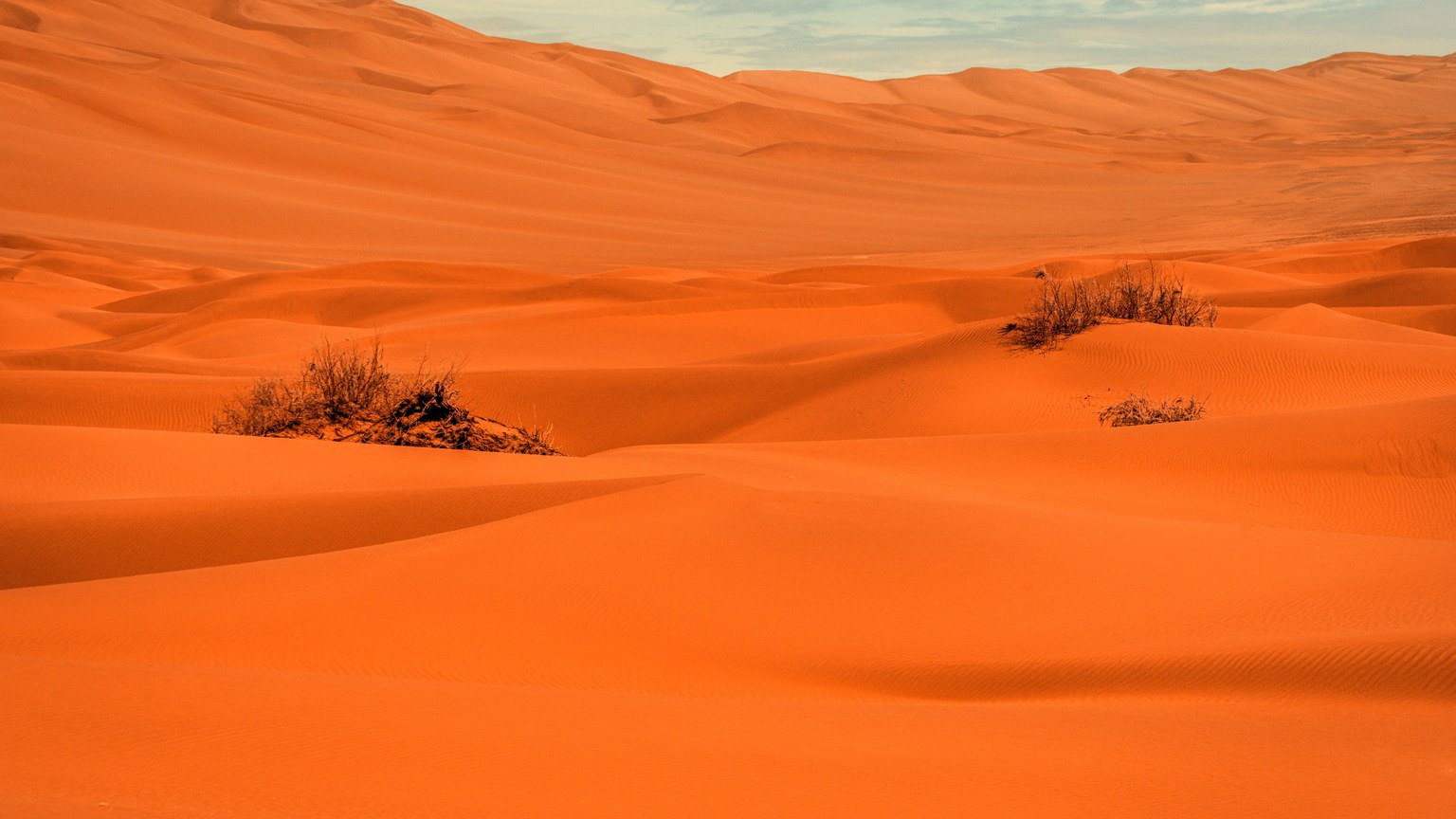 Beautiful orange sand dunes stretch across a vast desert landscape, showcasing nature's serene beauty.