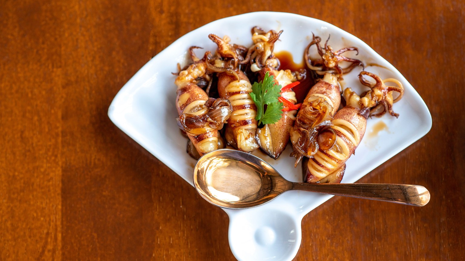 Appetizing grilled squid served with garnishes on a stylish plate with a spoon.