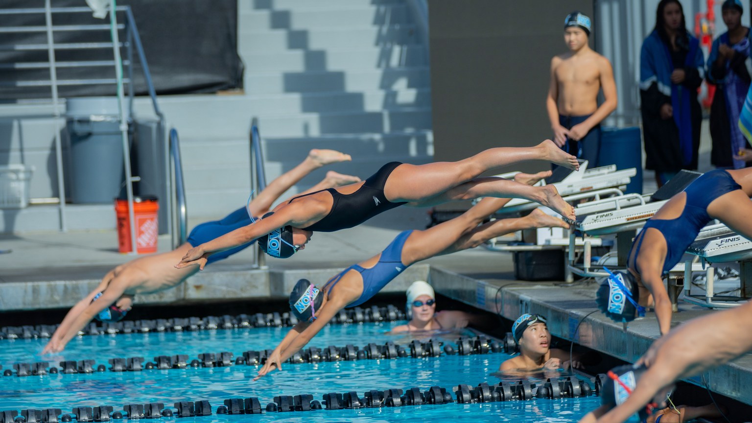 Athletes diving into a swimming pool during a competitive race at an outdoor event.