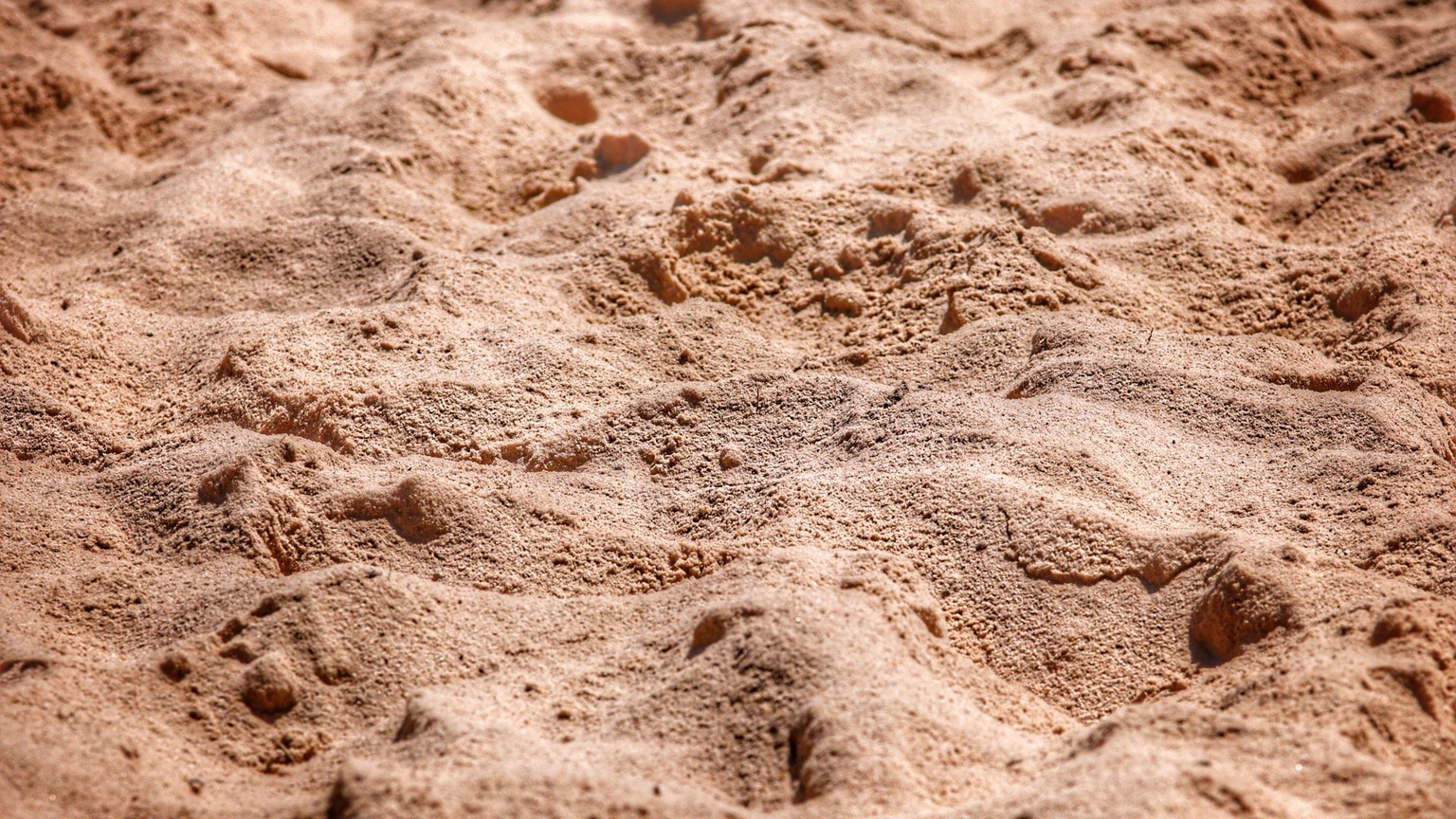 Detailed close-up of sandy beach texture under bright sunlight, showcasing natural patterns.