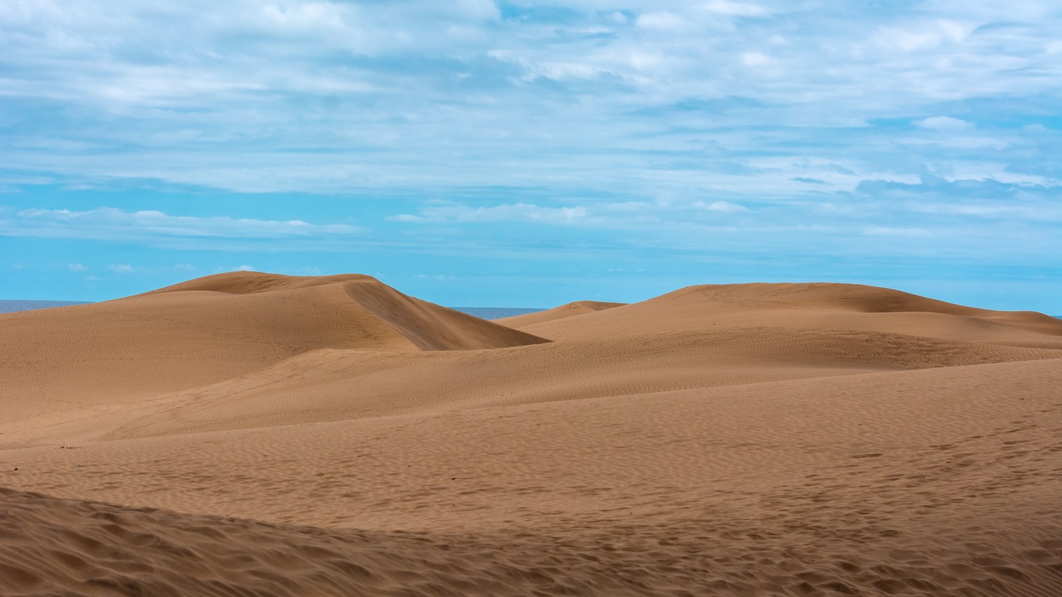 Wide view of undulating sand dunes against a bright blue sky in a deserted landscape.