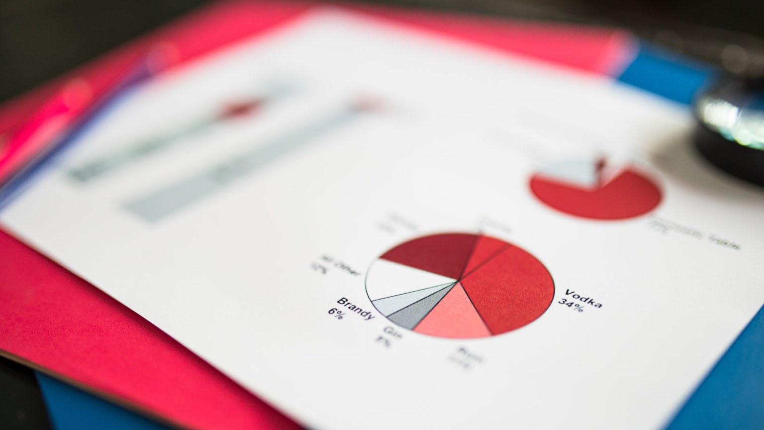 Close-up of financial pie chart on colorful paper, highlighting data analysis concepts.