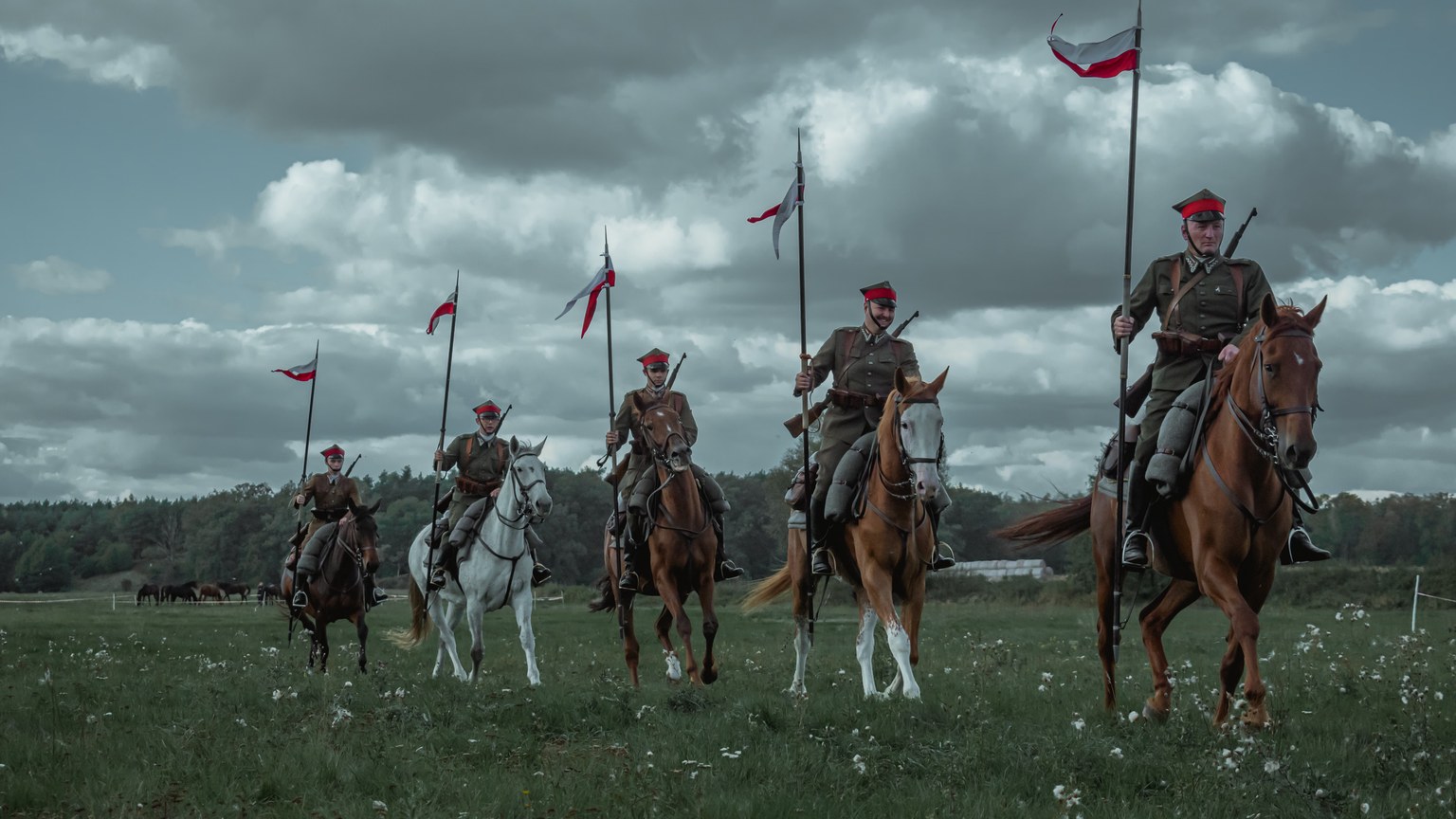 Five Polish cavalry soldiers on horses holding flags in an open field.
