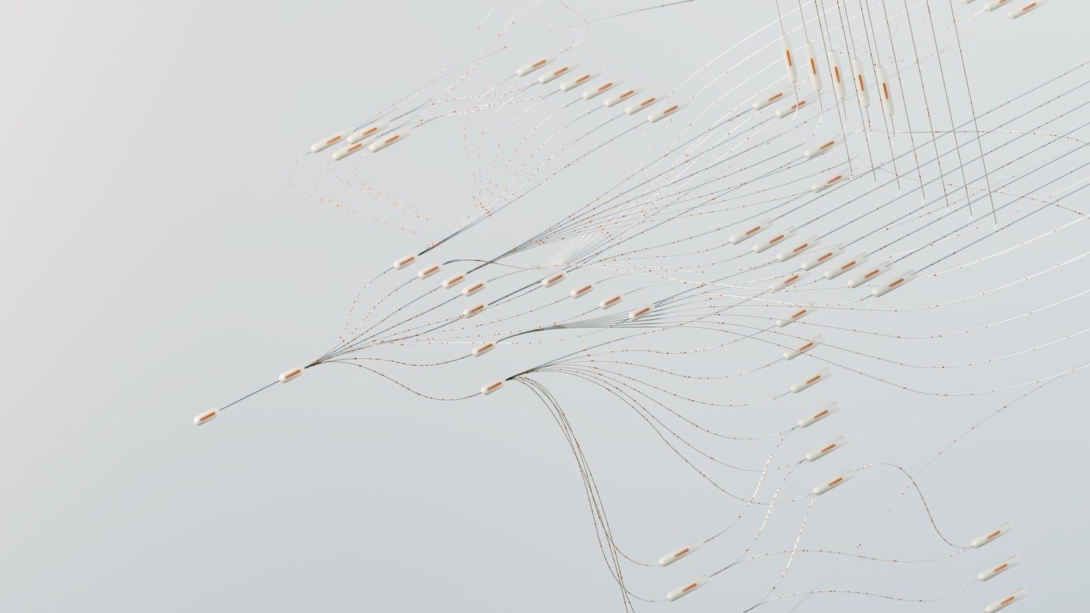 Abstract illustration depicting complex digital neural networks and data flow.