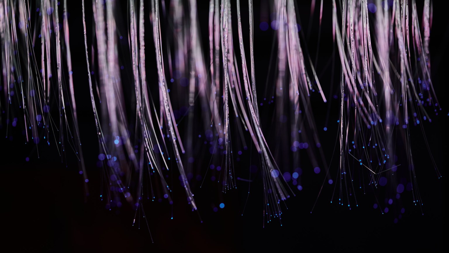 Abstract image of ethereal fiber optic strands cascading with glowing blue lights.