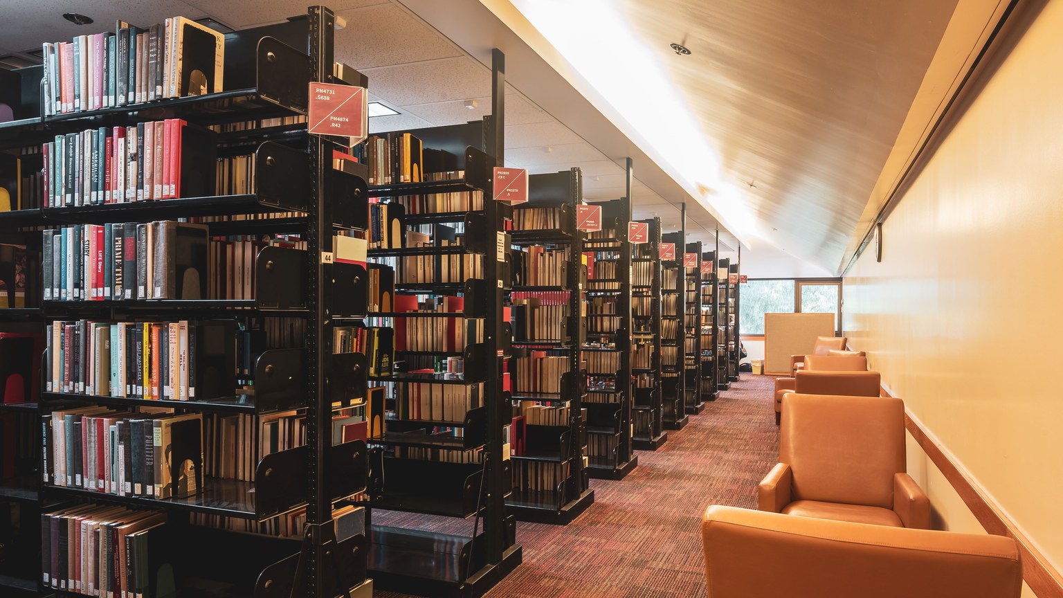 Library interior with bookshelves and armchairs. Ideal for education and reading themes.