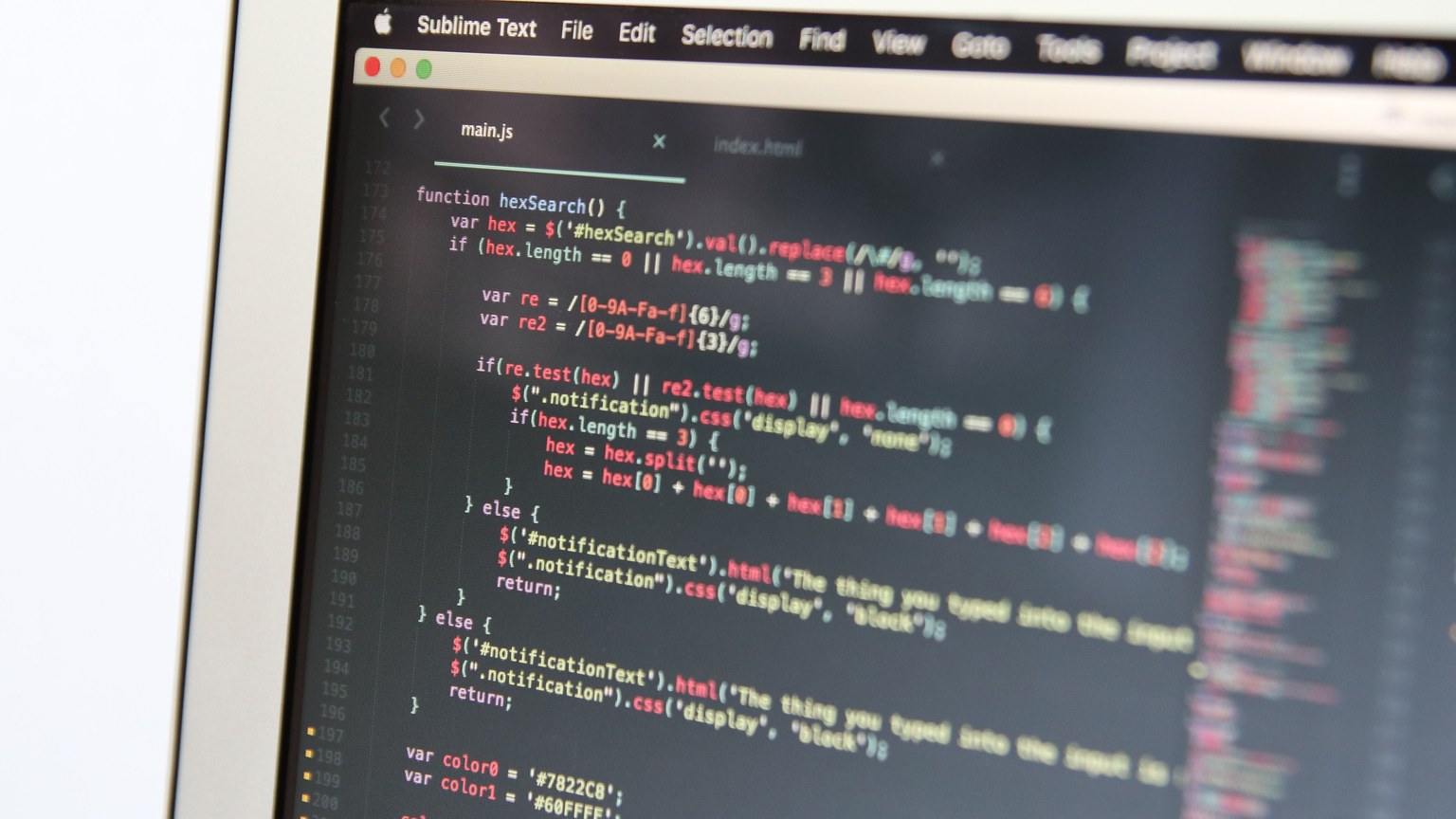 Close-up image showing JavaScript code on a computer screen, reflecting modern programming work.