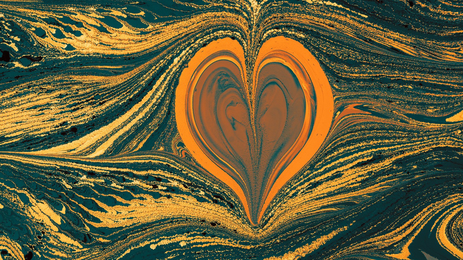 Vibrant heart-shaped pattern in swirling orange and teal marbling art form.