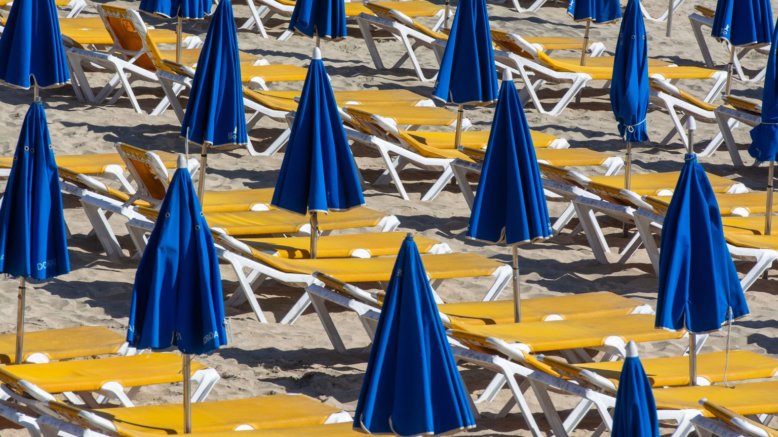 Empty sun loungers with blue umbrellas on a sunny beach, ideal for vacation and travel themes.