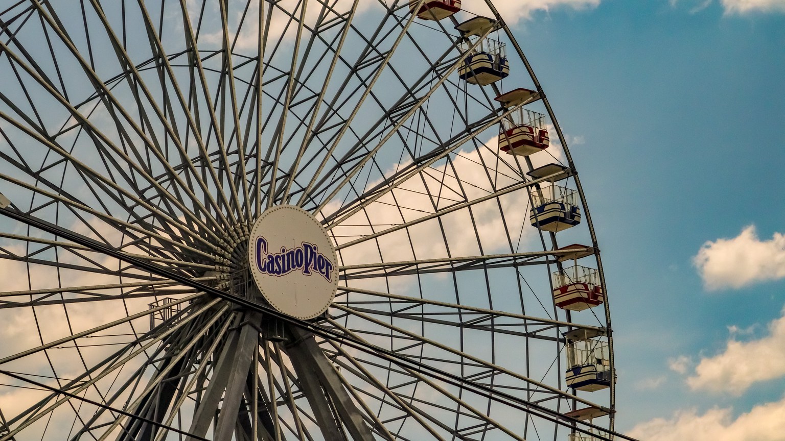 Close-up of Casino Pier Ferris wheel on a sunny day in Seaside Heights, NJ.
